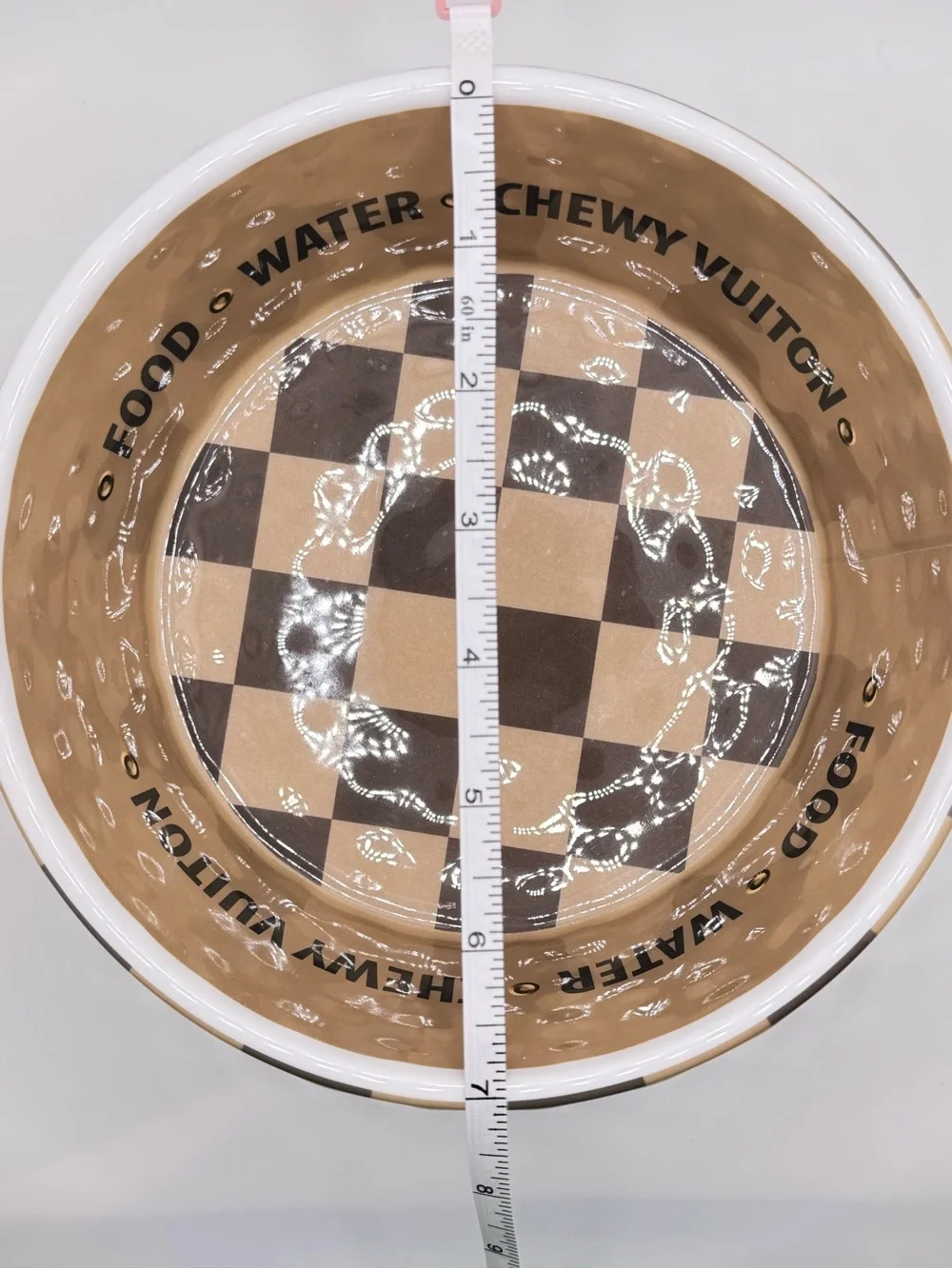 Chewy Vuiton Paris Dog Bowl Tan & Brown Checkered “Luxury” Pet Food Water Bowl